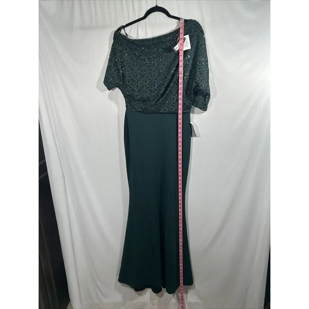 NWT $269 Betsy & Adam [ 8 ] One-Shoulder Sequin Lace Mixed Media Gown Pine Green